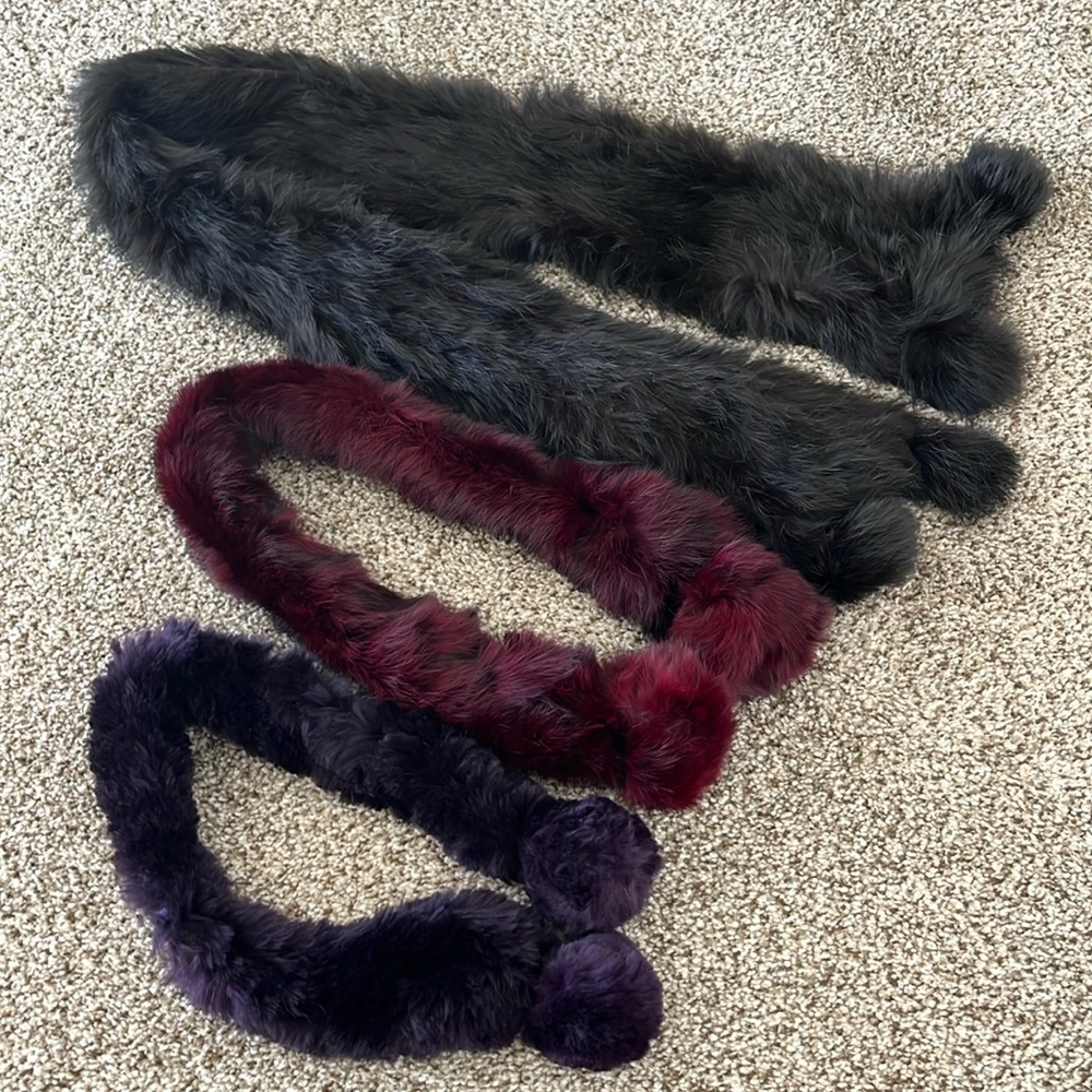 Lot of 3 faux fur scarves. Burgundy, purple & black